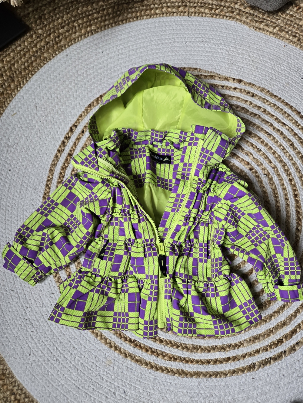 Kids Neon Green & Purple Hooded Raincoat with Ruffle Hem - Outdoor Spring